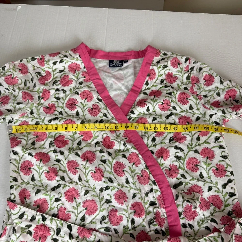 Madison Mathews One Size Floral Print Robe Kimono Pink White Green Cotton‎